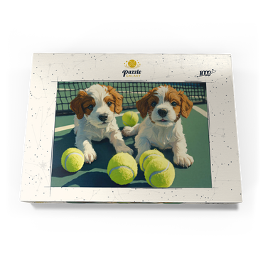 Darstellung des Puzzle Motivs Cute Puppies with Tennis Balls on Court 1000 Puzzle Schachtel Ansicht3