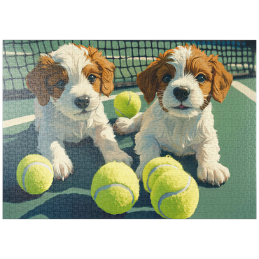 Darstellung des Puzzle Motivs puzzleplate Cute Puppies with Tennis Balls on Court 1000 Puzzle