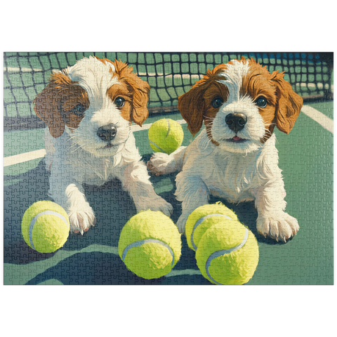 Darstellung des Puzzle Motivs Niedliche Welpen mit Tennisbällen auf dem Platz puzzleplate Cute Puppies with Tennis Balls on Court 1000 Puzzle