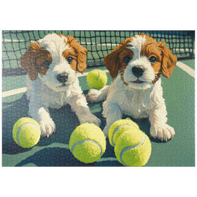 Darstellung des Puzzle Motivs Niedliche Welpen mit Tennisbällen auf dem Platz - Puzzleteile: 1000