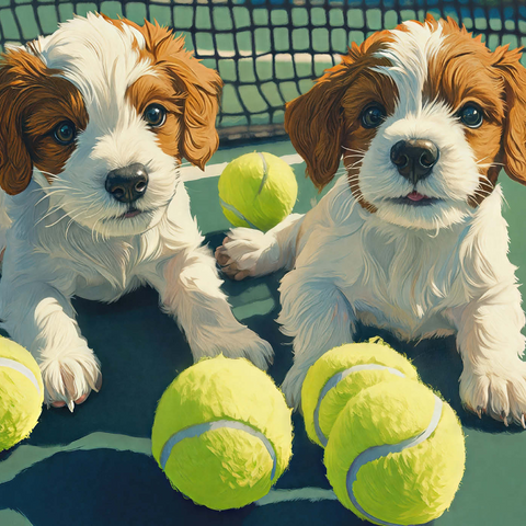 Darstellung des Puzzle Motivs Niedliche Welpen mit Tennisbällen auf dem Platz Cute Puppies with Tennis Balls on Court 1000 Puzzle 3D Modell