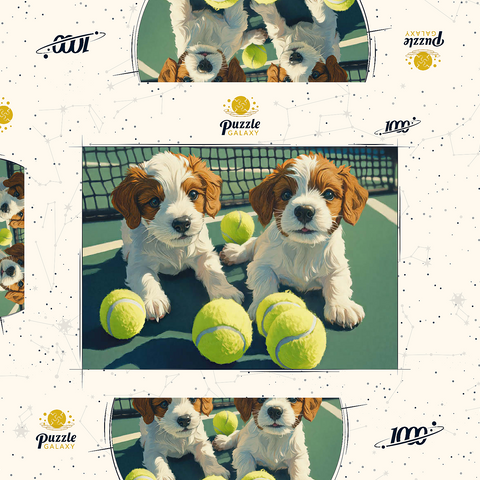 Darstellung des Puzzle Motivs Niedliche Welpen mit Tennisbällen auf dem Platz Cute Puppies with Tennis Balls on Court 1000 Puzzle Schachtel 3D Modell
