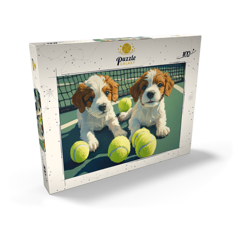 Darstellung des Puzzle Motivs Niedliche Welpen mit Tennisbällen auf dem Platz Cute Puppies with Tennis Balls on Court 100 Puzzle Schachtel Ansicht2