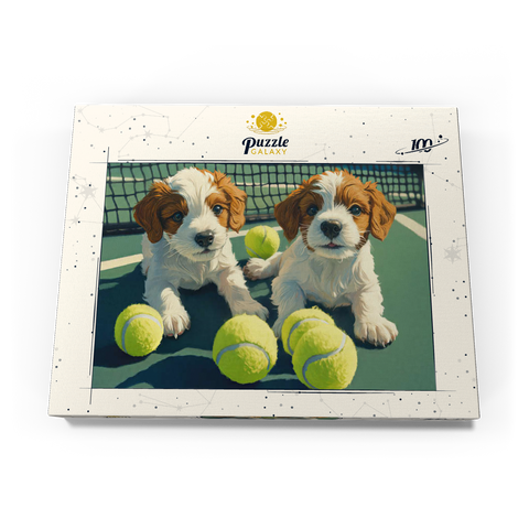Darstellung des Puzzle Motivs Niedliche Welpen mit Tennisbällen auf dem Platz Cute Puppies with Tennis Balls on Court 100 Puzzle Schachtel Ansicht3