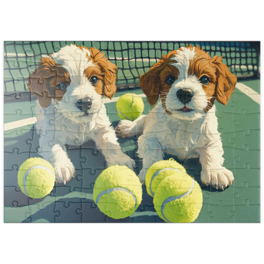 Darstellung des Puzzle Motivs puzzleplate Cute Puppies with Tennis Balls on Court 100 Puzzle