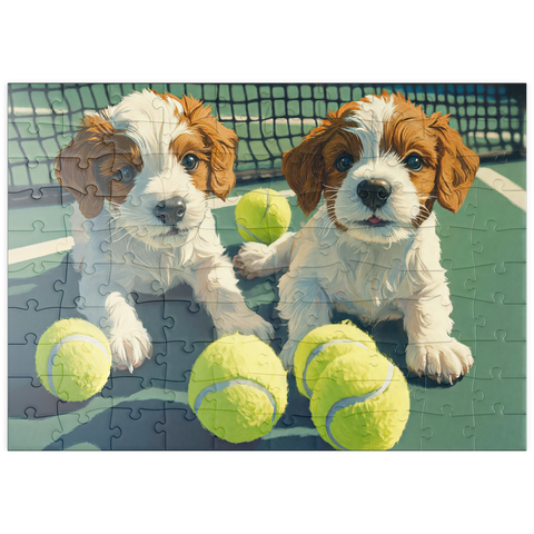 Darstellung des Puzzle Motivs Niedliche Welpen mit Tennisbällen auf dem Platz puzzleplate Cute Puppies with Tennis Balls on Court 100 Puzzle