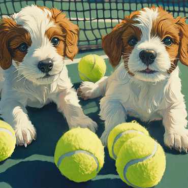 Darstellung des Puzzle Motivs Cute Puppies with Tennis Balls on Court 100 Puzzle 3D Modell