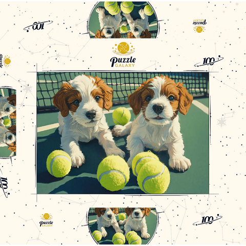 Darstellung des Puzzle Motivs Niedliche Welpen mit Tennisbällen auf dem Platz Cute Puppies with Tennis Balls on Court 100 Puzzle Schachtel 3D Modell