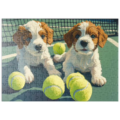 Darstellung des Puzzle Motivs Niedliche Welpen mit Tennisbällen auf dem Platz puzzleplate Cute Puppies with Tennis Balls on Court 200 Puzzle