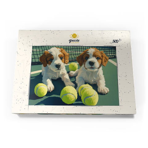 Darstellung des Puzzle Motivs Niedliche Welpen mit Tennisbällen auf dem Platz Cute Puppies with Tennis Balls on Court 500 Puzzle Schachtel Ansicht3