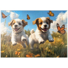 Darstellung des Puzzle Motivs Fröhliche Welpen laufen durch die Wiese - Puzzleteile: 1000