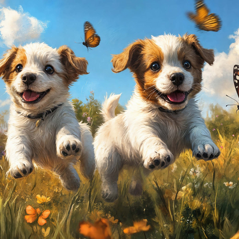 Joyful Puppies Running Through Meadow 1000 Puzzle 3D Modell