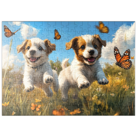Darstellung des Puzzle Motivs Fröhliche Welpen laufen durch die Wiese - Puzzleteile: 200