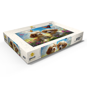 Alternative Darstellung des Puzzle-Motivs Niedliche Welpen in Blumenwiese mit Schmetterlingen – Puzzleteile: 1000