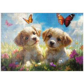 Darstellung des Puzzle-Motivs Niedliche Welpen in Blumenwiese mit Schmetterlingen – Puzzleteile: 1000