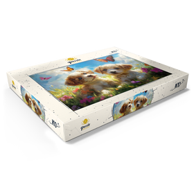 Darstellung des Puzzle Motivs Niedliche Welpen in Blumenwiese mit Schmetterlingen - Puzzleteile: 100