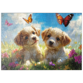 Darstellung des Puzzle Motivs Niedliche Welpen in Blumenwiese mit Schmetterlingen - Puzzleteile: 500