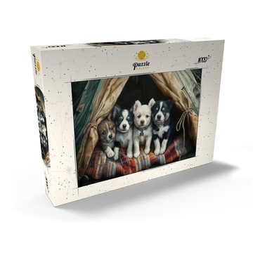 Darstellung des Puzzle Motivs Adorable Puppies Resting Inside a Cozy Tent 1000 Puzzle Schachtel Ansicht2