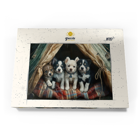 Darstellung des Puzzle Motivs Liebenswerte Welpen ruhen in einem gemütlichen Zelt Adorable Puppies Resting Inside a Cozy Tent 1000 Puzzle Schachtel Ansicht3