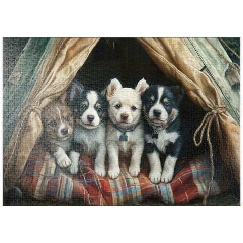 Darstellung des Puzzle Motivs Liebenswerte Welpen ruhen in einem gemütlichen Zelt puzzleplate Adorable Puppies Resting Inside a Cozy Tent 1000 Puzzle