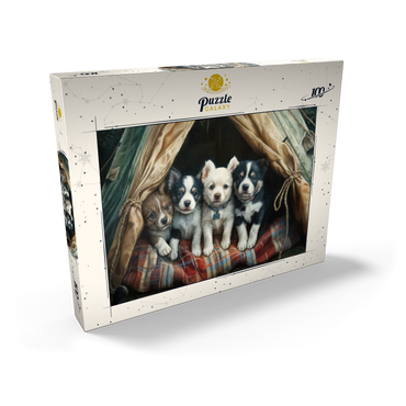 Darstellung des Puzzle Motivs Adorable Puppies Resting Inside a Cozy Tent 100 Puzzle Schachtel Ansicht2