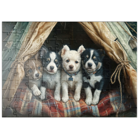 Darstellung des Puzzle Motivs Liebenswerte Welpen ruhen in einem gemütlichen Zelt puzzleplate Adorable Puppies Resting Inside a Cozy Tent 100 Puzzle