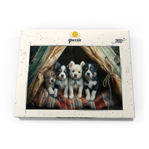 Darstellung des Puzzle Motivs Liebenswerte Welpen ruhen in einem gemütlichen Zelt Adorable Puppies Resting Inside a Cozy Tent 200 Puzzle Schachtel Ansicht3