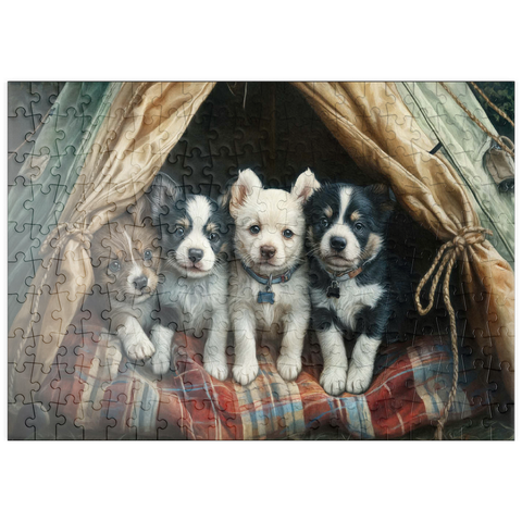 Darstellung des Puzzle Motivs Liebenswerte Welpen ruhen in einem gemütlichen Zelt puzzleplate Adorable Puppies Resting Inside a Cozy Tent 200 Puzzle