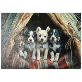 Darstellung des Puzzle Motivs Liebenswerte Welpen ruhen in einem gemütlichen Zelt - Puzzleteile: 200