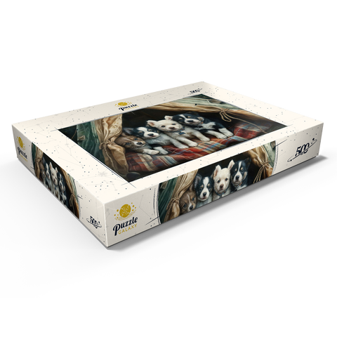 Darstellung des Puzzle Motivs Liebenswerte Welpen ruhen in einem gemütlichen Zelt Adorable Puppies Resting Inside a Cozy Tent 500 Puzzle Schachtel Ansicht1