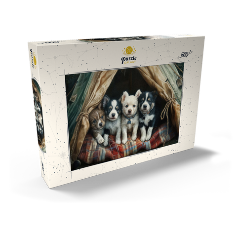 Darstellung des Puzzle Motivs Liebenswerte Welpen ruhen in einem gemütlichen Zelt Adorable Puppies Resting Inside a Cozy Tent 500 Puzzle Schachtel Ansicht2