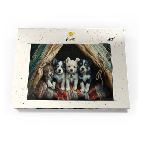 Darstellung des Puzzle Motivs Liebenswerte Welpen ruhen in einem gemütlichen Zelt Adorable Puppies Resting Inside a Cozy Tent 500 Puzzle Schachtel Ansicht3