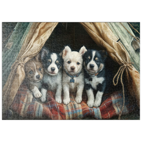 Darstellung des Puzzle Motivs Liebenswerte Welpen ruhen in einem gemütlichen Zelt puzzleplate Adorable Puppies Resting Inside a Cozy Tent 500 Puzzle
