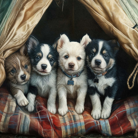 Darstellung des Puzzle Motivs Liebenswerte Welpen ruhen in einem gemütlichen Zelt Adorable Puppies Resting Inside a Cozy Tent 500 Puzzle 3D Modell