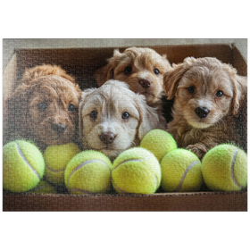 Darstellung des Puzzle-Motivs Entzückende Welpen in Box mit Tennisbällen – Puzzleteile: 1000