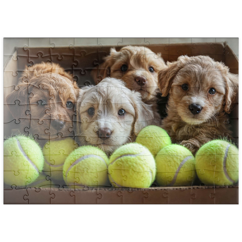 puzzleplate Adorable Puppies in Box with Tennis Balls 100 Puzzle