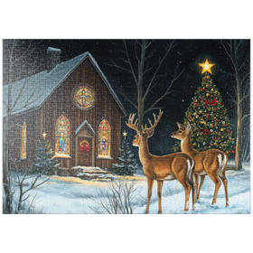 Darstellung des Puzzle-Motivs Hirsch bei verschneiter Kirche mit Weihnachtsbaum – Puzzleteile: 1000