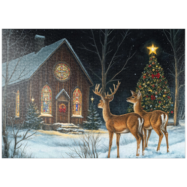 Darstellung des Puzzle Motivs puzzleplate Deer by Snowy Church with Christmas Tree 1000 Puzzle