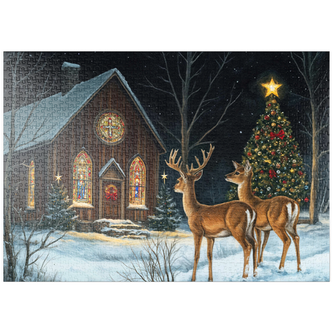 Darstellung des Puzzle Motivs Hirsch bei verschneiter Kirche mit Weihnachtsbaum puzzleplate Deer by Snowy Church with Christmas Tree 1000 Puzzle