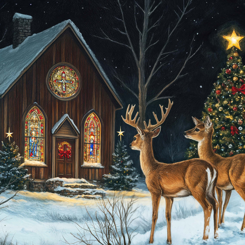 Darstellung des Puzzle Motivs Hirsch bei verschneiter Kirche mit Weihnachtsbaum Deer by Snowy Church with Christmas Tree 1000 Puzzle 3D Modell