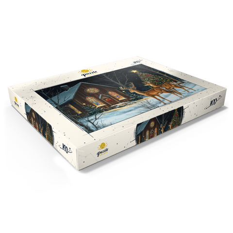 Darstellung des Puzzle Motivs Hirsch bei verschneiter Kirche mit Weihnachtsbaum Deer by Snowy Church with Christmas Tree 100 Puzzle Schachtel Ansicht1