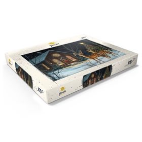 Darstellung des Puzzle Motivs Hirsch bei verschneiter Kirche mit Weihnachtsbaum - Puzzleteile: 100