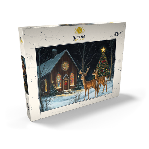 Darstellung des Puzzle Motivs Hirsch bei verschneiter Kirche mit Weihnachtsbaum Deer by Snowy Church with Christmas Tree 100 Puzzle Schachtel Ansicht2
