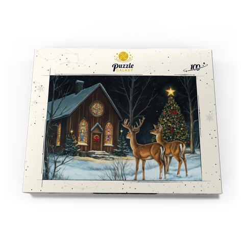 Darstellung des Puzzle Motivs Hirsch bei verschneiter Kirche mit Weihnachtsbaum Deer by Snowy Church with Christmas Tree 100 Puzzle Schachtel Ansicht3
