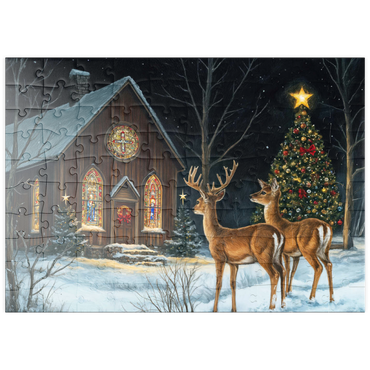 Darstellung des Puzzle Motivs puzzleplate Deer by Snowy Church with Christmas Tree 100 Puzzle