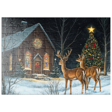 Darstellung des Puzzle Motivs Hirsch bei verschneiter Kirche mit Weihnachtsbaum puzzleplate Deer by Snowy Church with Christmas Tree 100 Puzzle