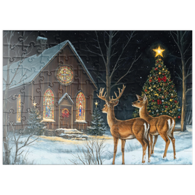 Darstellung des Puzzle Motivs Hirsch bei verschneiter Kirche mit Weihnachtsbaum - Puzzleteile: 100