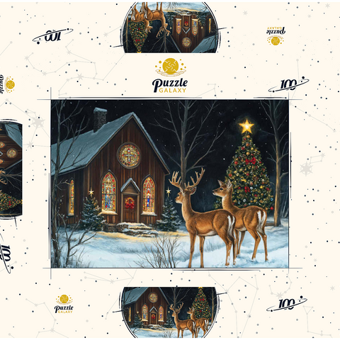 Darstellung des Puzzle Motivs Hirsch bei verschneiter Kirche mit Weihnachtsbaum Deer by Snowy Church with Christmas Tree 100 Puzzle Schachtel 3D Modell
