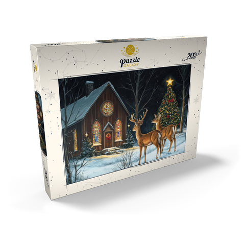Darstellung des Puzzle Motivs Hirsch bei verschneiter Kirche mit Weihnachtsbaum Deer by Snowy Church with Christmas Tree 200 Puzzle Schachtel Ansicht2