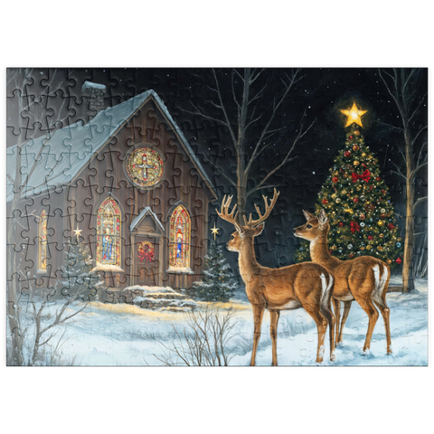 Darstellung des Puzzle Motivs Hirsch bei verschneiter Kirche mit Weihnachtsbaum puzzleplate Deer by Snowy Church with Christmas Tree 200 Puzzle